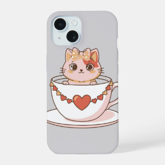 Kawaii Kitty in een Theekopje iPhone 15 Case
