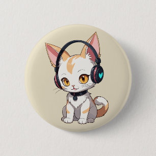 Kawaii Kitty met schommelende hoofdtelefoon Ronde Button 5,7 Cm