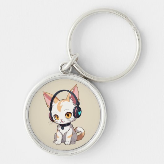 Kawaii Kitty met schommelende hoofdtelefoon Sleutelhanger (Voorkant)