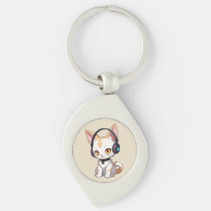 Kawaii Kitty met wiegende hoofdtelefoon Sleutelhanger