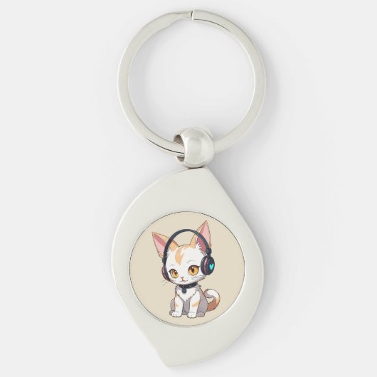 Kawaii Kitty met wiegende hoofdtelefoon Sleutelhanger (Voorkant)
