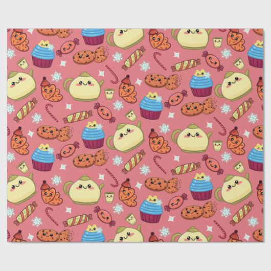 Kawaii koekjes en leuke thee tijd patroon cadeaupapier (Vlak)