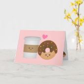 Kawaii Koffie en Donut verliefd, Perfect Paar Kaart (Gele Bloem)