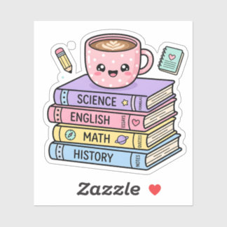 Kawaii koffiekop en studieboeken sticker