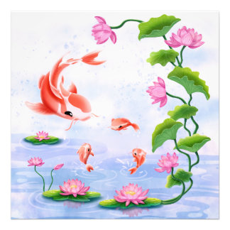 Kawaii Koi Vis Roze Water Lelies Vijver Foto Afdruk