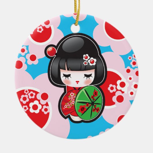 Kawaii Kokeshi Doll Keramisch Ornament (Voorkant)