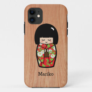 Kawaii Kokeshi Japanse pop in rode kimono op hout Case-Mate iPhone Case
