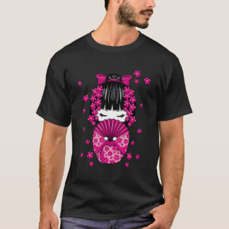 Kawaii Kokeshi pop met Japanse kersenbloesem F T-shirt