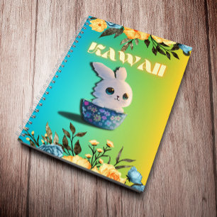 kawaii konijn in een kom met bloemen notitieboek