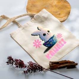 kawaii konijn in een kom met bloemen tote bag