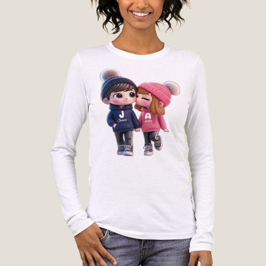 Kawaii Koppel Mode, Esthetische T-shirt Met Lange (Voorkant volledig)