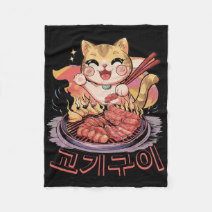 Kawaii Koreaanse kat eten BBQ Koreaanse barbecue a Fleece Deken