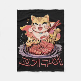 Kawaii Koreaanse kat eten BBQ Koreaanse barbecue a Fleece Deken