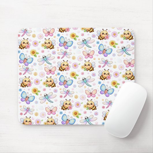 Kawaii-kunst van bijen, libellen en vlinders muismat (Met muis)