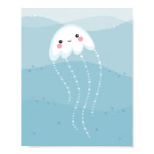 Kawaii kwal zwemt in zachte blauwe golven