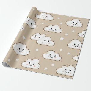 Kawaii Lachende Wolken & Sterren op Beige Cadeaupapier