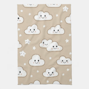 Kawaii Lachende Wolken & Sterren op Beige Theedoek