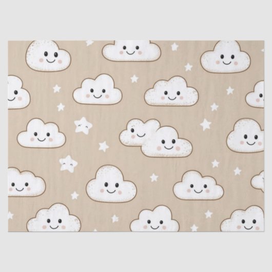 Kawaii Lachende Wolken & Sterren op Beige Tissuepapier (Voorkant)