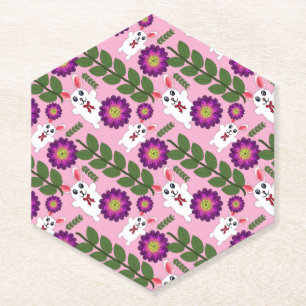 Kawaii Lente Konijn: Levendig Paarse Bloemen  Kartonnen Onderzetters