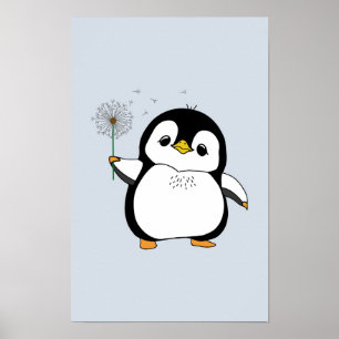 Kawaii Leuke Pinguïn Holding Paardenbloem Glimlach Poster