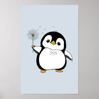 Kawaii Leuke Pinguïn Holding Paardenbloem Glimlach Poster