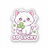 Kawaii Lucky Cat Maneki Neko Met Clover Sticker (Voorkant)