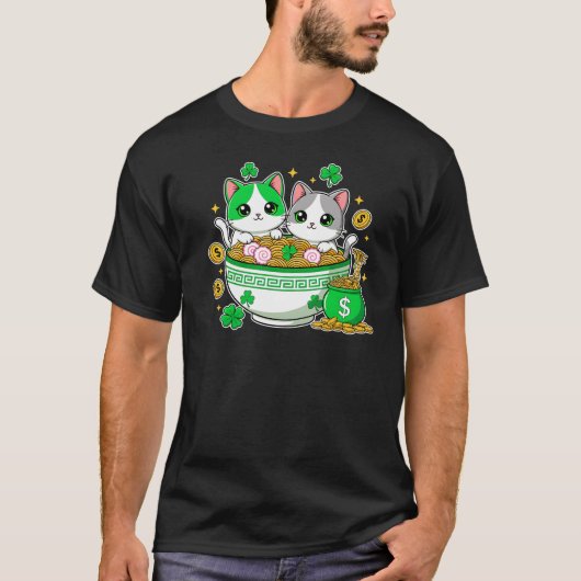 Kawaii Lucky Cats Ramen St Patricks Day Art T-shirt (Voorkant)