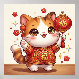 Kawaii Lucky Kat Chinees Nieuwjaarslantaarn Feeste Poster