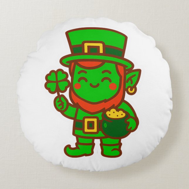 Kawaii Lucky Leprechaun Rond Kussen (Voorkant)