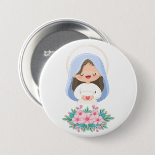 Kawaii Maagd Maria met Hart en Bloemen Ronde Button 7,6 Cm