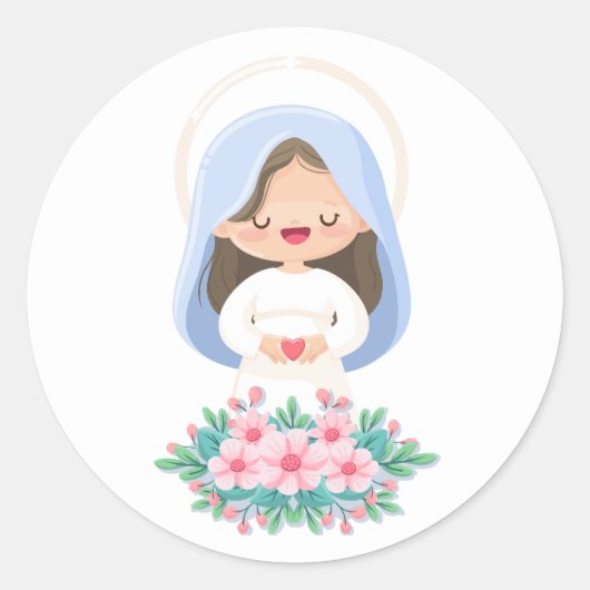 Kawaii Maagd Maria met Hart - Wit Ronde Sticker (Voorkant)