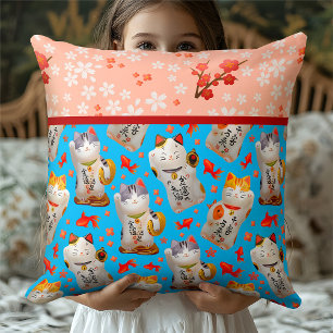 Kawaii Maneki Neko Bloemen in blauwe kimonostijl Kussen