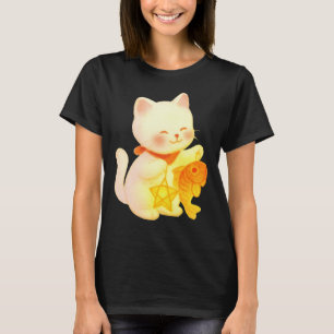Kawaii Maneki Neko Kat met Vis en Ster Decoratie T-shirt