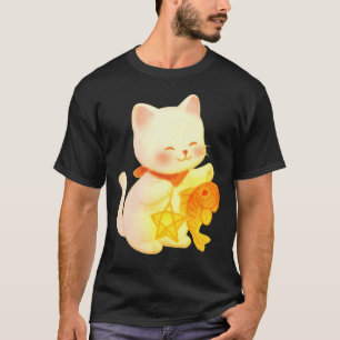 Kawaii Maneki Neko Kat met Vis en Ster Decoratie T-shirt