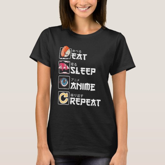 Kawaii Manga Sushi - Eat Sleep Anime Repeat - Cute T-shirt (Voorkant)