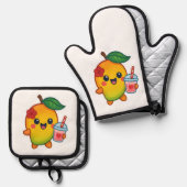 Kawaii Mango – Liefje Fruit met Hart Smoothi Ovenwant & Pannenlap Set (Voorkant / Achterkant)