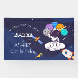 Kawaii marineblauwe ruimte astronaut themafeest spandoek