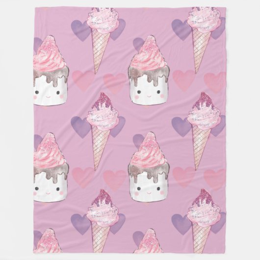Kawaii Marshmallow & Ice Cream Patroon Fleece Deken (Voorkant)