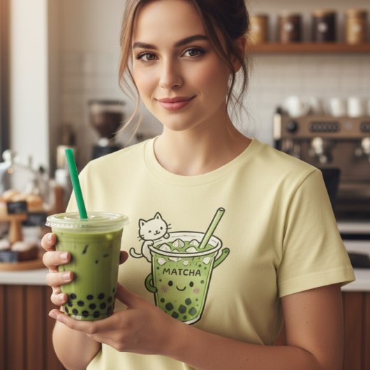 Kawaii Matcha Bubble Tea Cat Schattige Iced Drink T-shirt