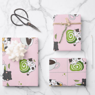 Kawaii Matcha Kat Naadloos Patroon Inpakpapier Vel