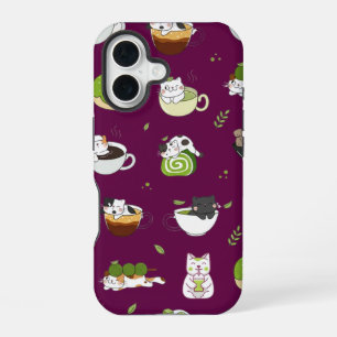 Kawaii Matcha Kat Naadloos Patroon iPhone 16 Hoesje