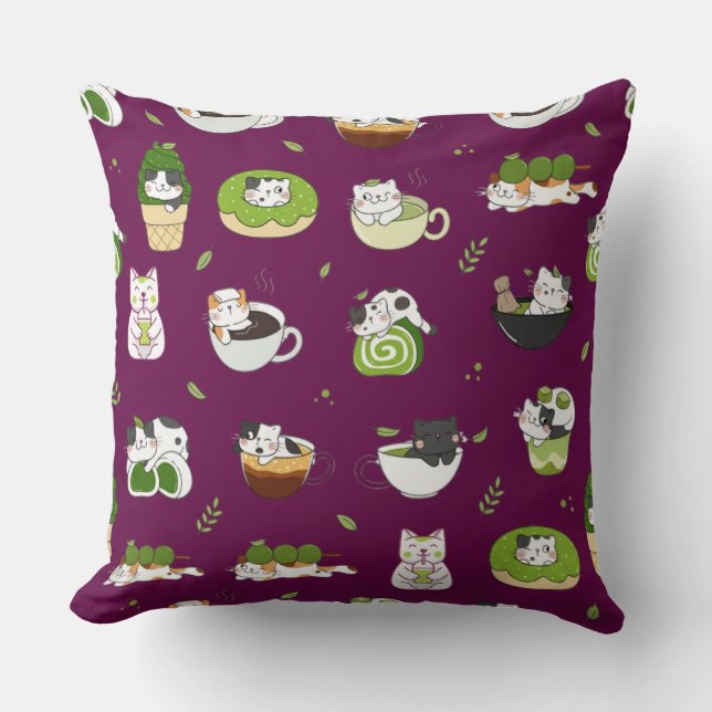 Kawaii Matcha Kat Naadloos Patroon Kussen (Voorkant)