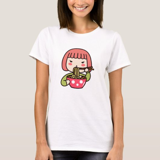Kawaii Meisje Eten Ramen T-shirt (Voorkant)