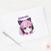 Kawaii Meisje met Hoofdtelefoon op Ronde Sticker (Envelop)