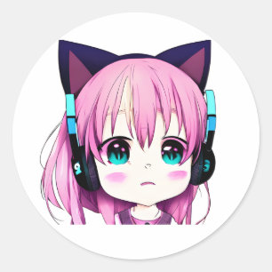 Kawaii Meisje met Hoofdtelefoon op Ronde Sticker