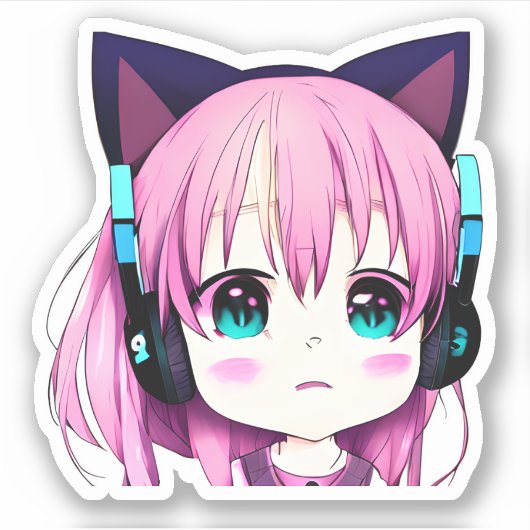 Kawaii Meisje met Hoofdtelefoon op Sticker (Voorkant)