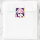 Kawaii Meisje met Hoofdtelefoon op Vierkante Sticker (Tas)