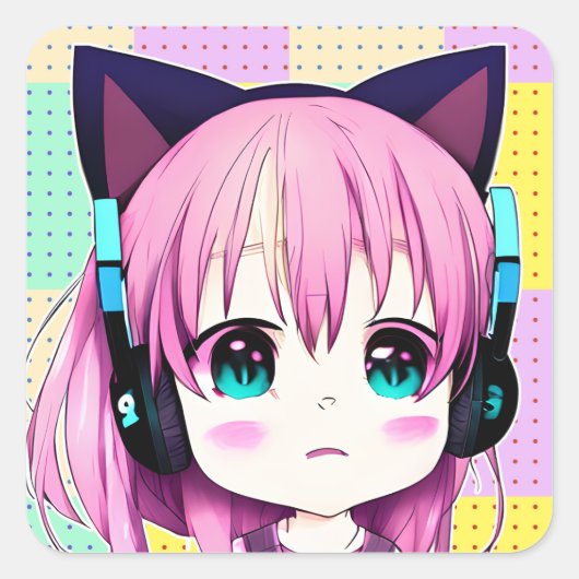 Kawaii Meisje met Hoofdtelefoon op Vierkante Sticker (Voorkant)