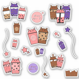 Kawaii Meow Thee Vinyl Sticker   Set van 17 Sticke