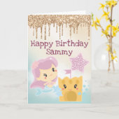 Kawaii Mermaid en Sandcastle Gradient Birthday Kaart (Gele Bloem)